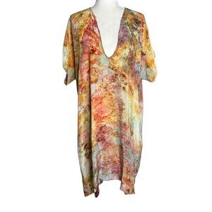 Peri Tie Dye Tunic Dress One Size Boho Caftan V Neck Short Sleeves Pockets